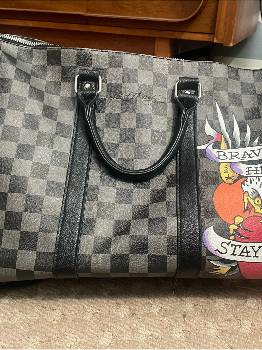 Ed Hardy Black & Gray Checkered Duffel with Colorful Tattoo Graphic